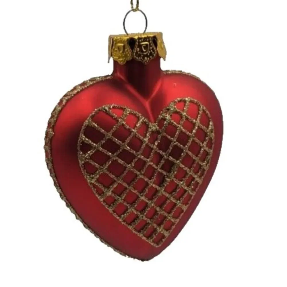 Red Heart Shaped Ornament with‎ Gold Glitter Net Design